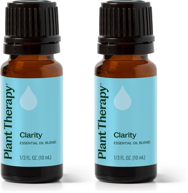 Plant Therapy Clarity bottle closeup, showcasing undiluted blend for focus support.
