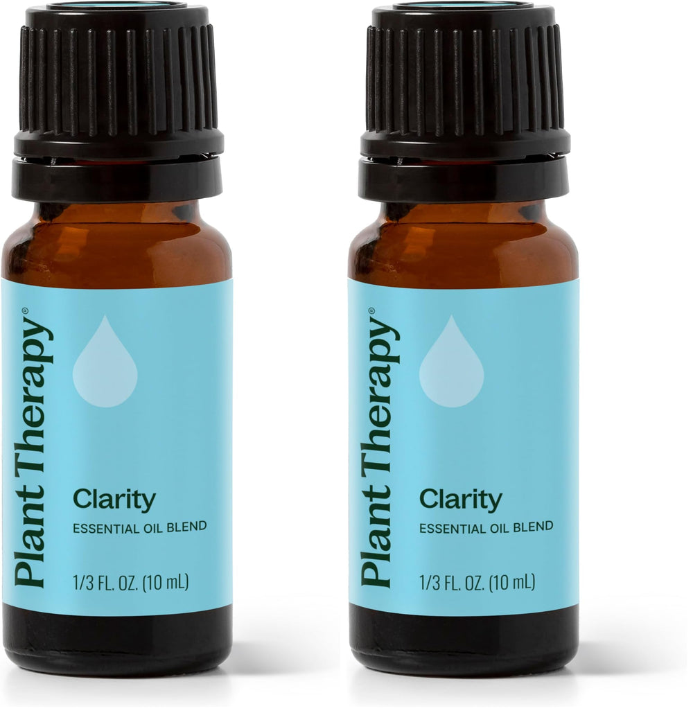 Plant Therapy Clarity bottle closeup, showcasing undiluted blend for focus support.