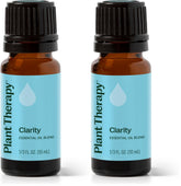 Plant Therapy Clarity bottle closeup, showcasing undiluted blend for focus support.