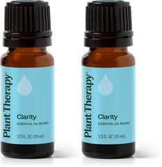 Plant Therapy Clarity bottle closeup, showcasing undiluted blend for focus support.