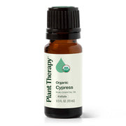 Plant Therapy Cypress essential oil bottle with pure, uplifting aroma for diffusion.