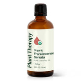 Plant Therapy Frankincense Serrata essential oil bottle label highlights organic purity and brand trust.