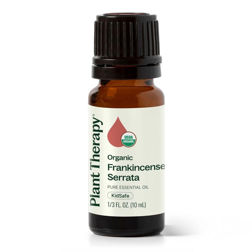 Plant Therapy Frankincense Serrata oil bottle prepared for aromatic diffusion and calm focus.