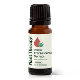 Plant Therapy Frankincense Serrata oil bottle prepared for aromatic diffusion and calm focus.