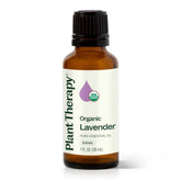 Plant Therapy lavender oil bottle with clear label signaling organic purity and aroma.