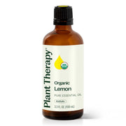 Plant Therapy Lemon Essential Oil bottle shown, 100% pure and organic, for diffusion or topical use.