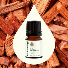 Plant Therapy Sandalwood Indian oil bottle label highlights purity and testing.