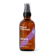 Plant Therapy Stress Body Oil with Ashwagandha bottle ready for a calming massage