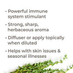Close-up of Thyme Thymol label emphasizing organic status and batch quality.