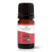 Plant Therapy Vetiver Organic Essential Oil bottle for grounding mood.