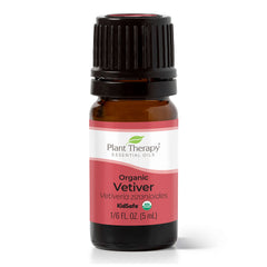 Plant Therapy Vetiver Organic Essential Oil bottle for grounding mood.
