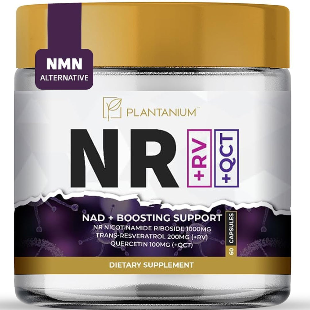 Plantanium NAD+ bottle displaying the 60 capsules for daily energy support.