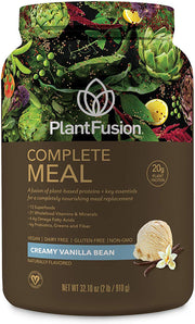 PlantFusion Complete Meal Shake vanilla bottle pour showing quick nutrition on the go