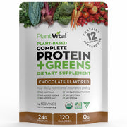 PlantVital chocolate protein powder packaging shows organic vegan nutrition.