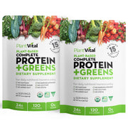 Plantvital unflavored vegan protein bottle shows clean, gluten-free nutrition.