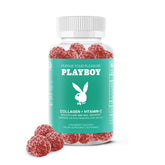 Playboy Collagen + Vitamin C gummies bottle front view, radiant skin and healthy nails