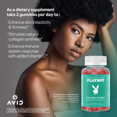 Gluten-free and non-GMO badge on Playboy gummies bottle