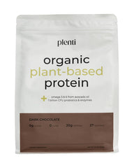 plenti dark chocolate protein powder bag highlighting clean plant protein for steady energy.