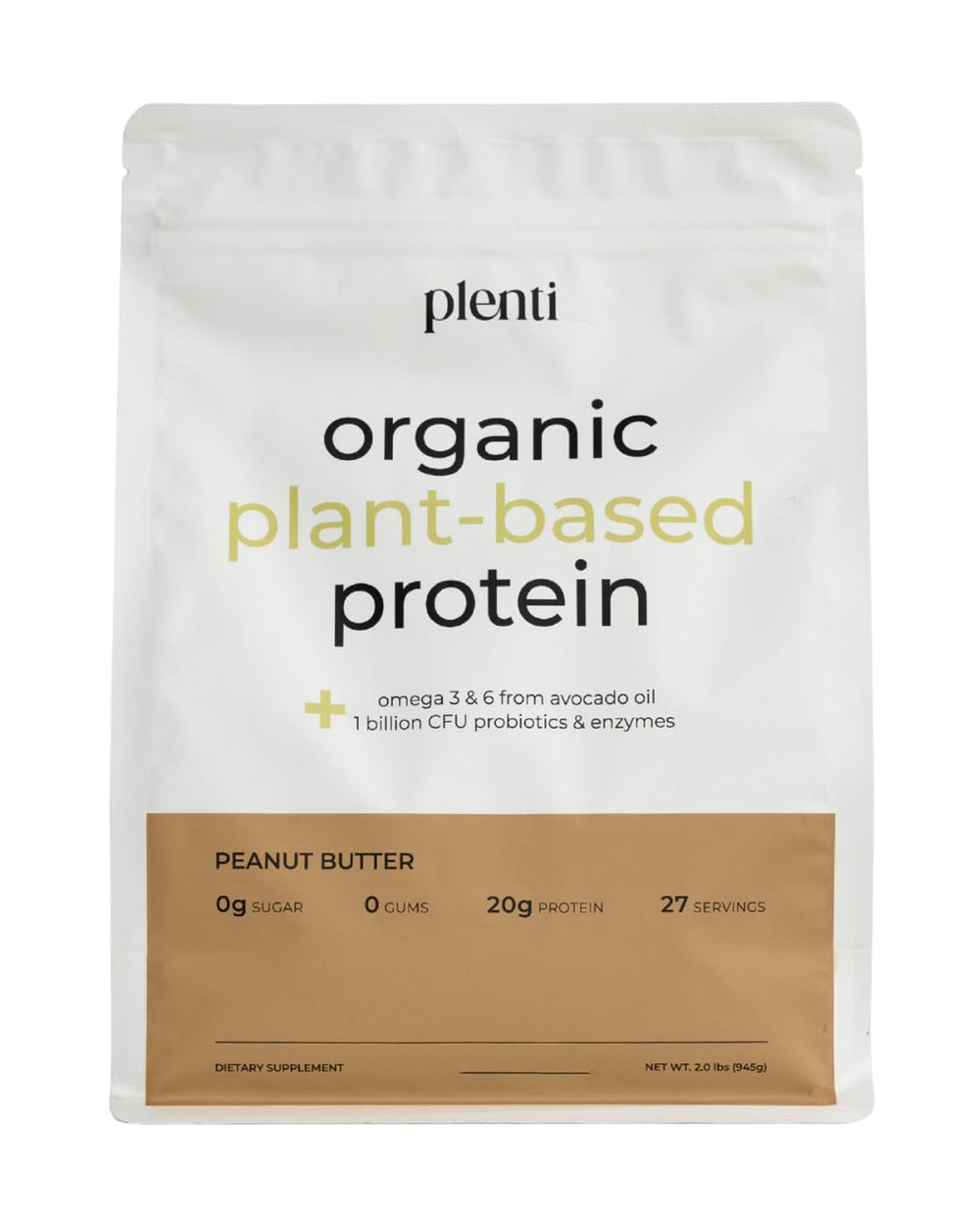 Plenti peanut butter protein powder tub with clean label.