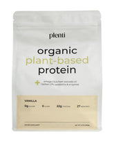 Plenti Vanilla protein powder bottle shows clean ingredients for gut-friendly protein.