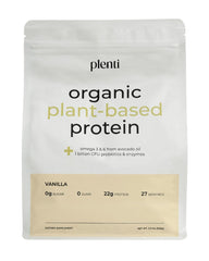 Plenti Vanilla protein powder bottle shows clean ingredients for gut-friendly protein.
