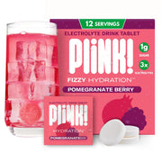 Plink fizzy electrolyte tablet dissolving in water for quick hydration.
