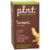 plnt Turmeric bottle and label showing natural turmeric roots and antioxidant support