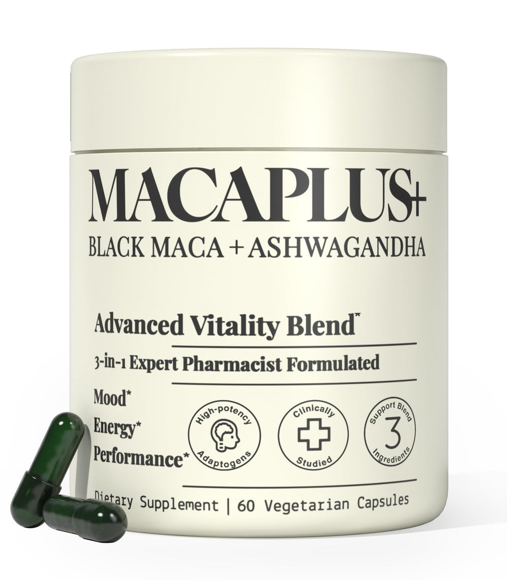 Plus+Ultra MACAPLUS+ bottle cap close-up showing easy-to-swallow capsules for daily energy.