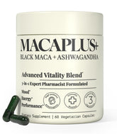 Plus+Ultra MACAPLUS+ bottle cap close-up showing easy-to-swallow capsules for daily energy.