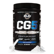 PMD CG5 premium creatine glutamine powder tub front label for enhanced workout readiness.