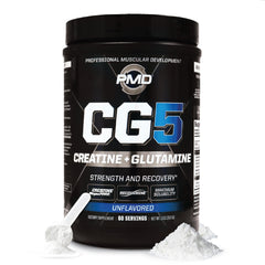 PMD CG5 premium creatine glutamine powder tub front label for enhanced workout readiness.