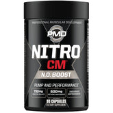 PMD NitroCM bottle pour showing dosage for pre-workout use.