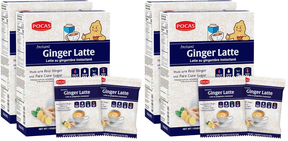 Pocas Ginger Latte instant tea 4-pack front label highlighting convenience for mornings