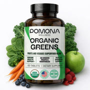 Pomona Wellness Super Greens tablets in bottle front, supporting daily digestion.