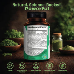 Pomona Wellness Super Greens tablets close-up label, highlighting organic ingredients for better digestion.