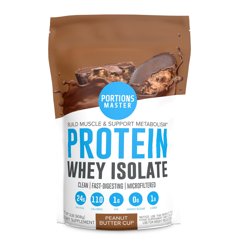 Portions Master CFM Whey Isolate Peanut Butter Cup bottle highlights fast-digesting protein