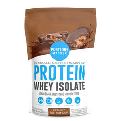 Portions Master CFM Whey Isolate Peanut Butter Cup bottle highlights fast-digesting protein