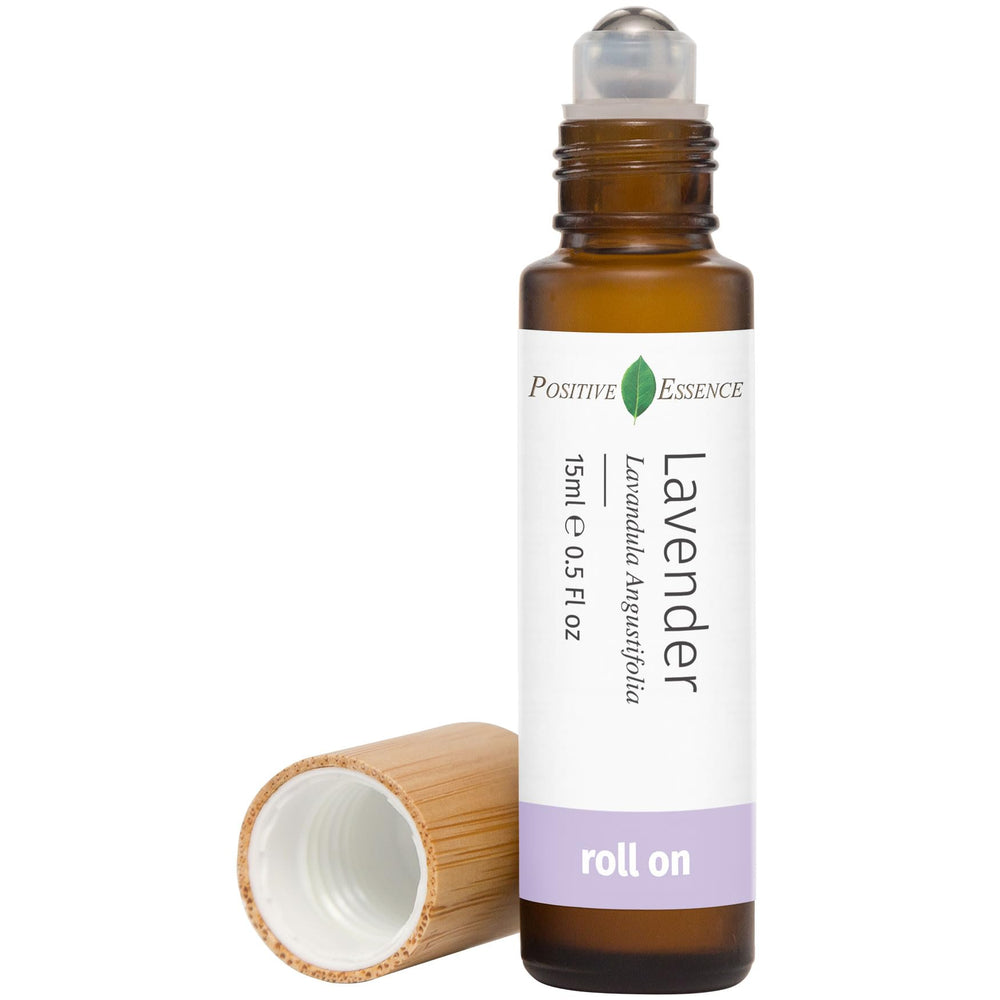 Positive Essence Lavender Oil Roll On bottle with jojoba for gentle skin application and calming aroma