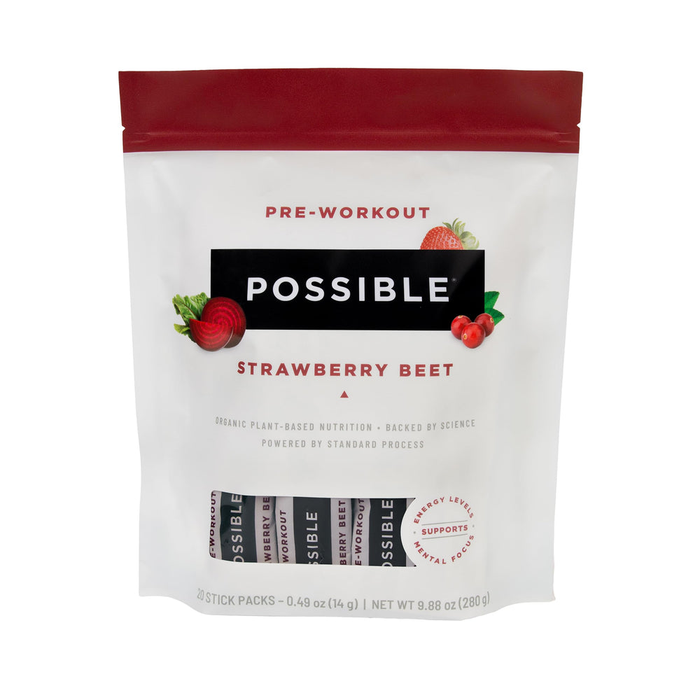 Possible Beet Pre-Workout stick pack in strawberry flavor for convenient energy boost.