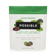Possible SuperGreens bottle and packaging showcasing clean label wellness on the go