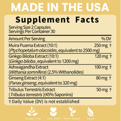 Potency Wood ingredients panel lists ginseng, ashwagandha, gingko, tribulus