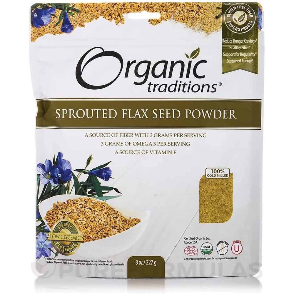 Pousutong Sprouted Flax Golden Organic 8 oz bag shows rich, fiber-rich seeds for daily meals.