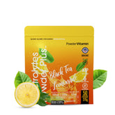 PowderVitamin Electrolytes Plus black tea lemonade tub shows flavor and hydration benefits