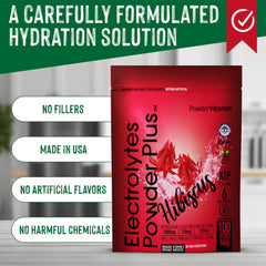 PowderVitamin Electrolytes Plus hibiscus scoop highlights 100 servings for hydration