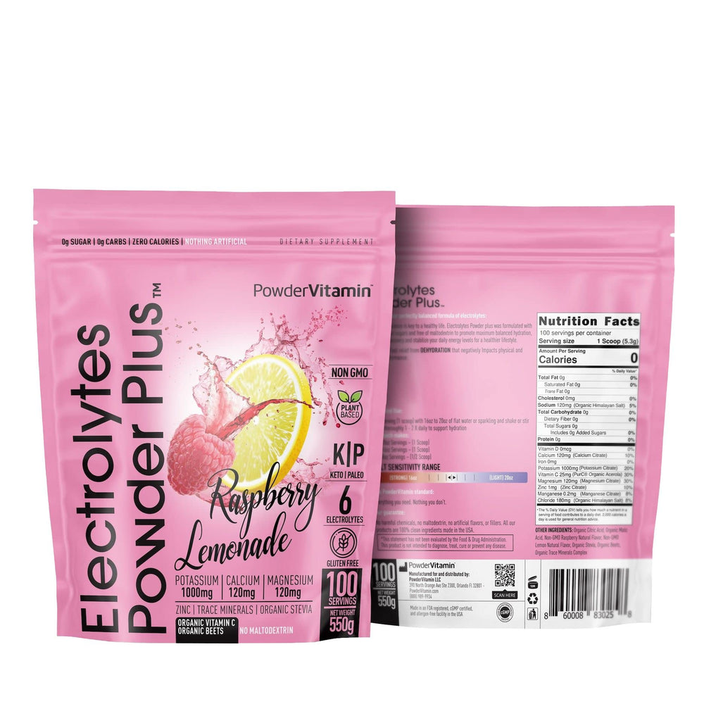 PowderVitamin Electrolytes Plus Raspberry Lemonade bottle for sugar-free hydration.