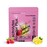 PowderVitamin Electrolytes Plus bottle in raspberry lemonade flavor for on-the-go hydration.