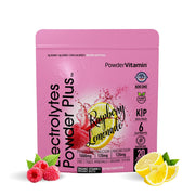PowderVitamin Electrolytes Plus bottle in raspberry lemonade flavor for on-the-go hydration.