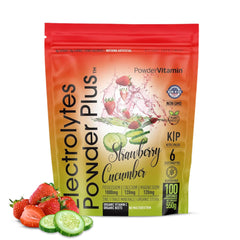 PowderVitamin Electrolytes Plus strawberry cucumber powder ready to dissolve in water.