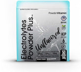 PowderVitamin Electrolytes Plus unflavored powder being poured into water for hydration.