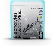 PowderVitamin Electrolytes Plus unflavored powder being poured into water for hydration.
